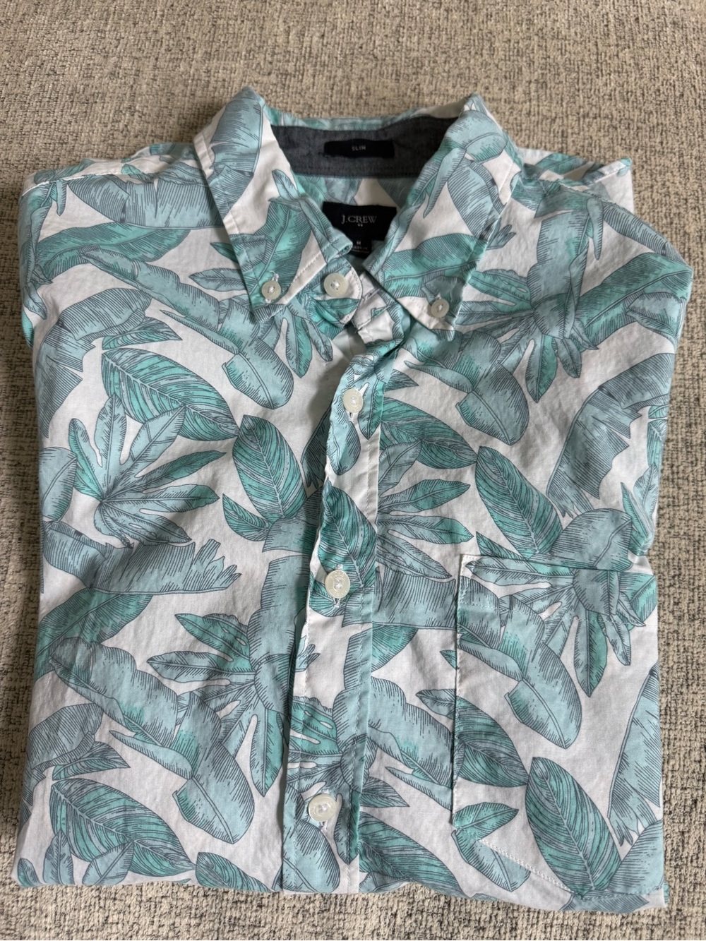 J. Crew Men’s Teal and White Tropical Leaf Button-Down Shirt